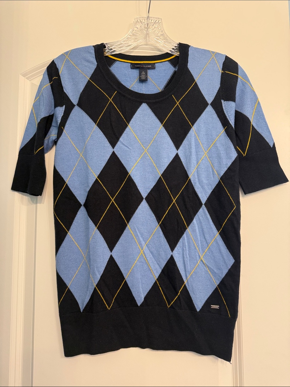 Tommy Hilfiger Blue, Black & Gold Argyle Short Sleeve Knit Top